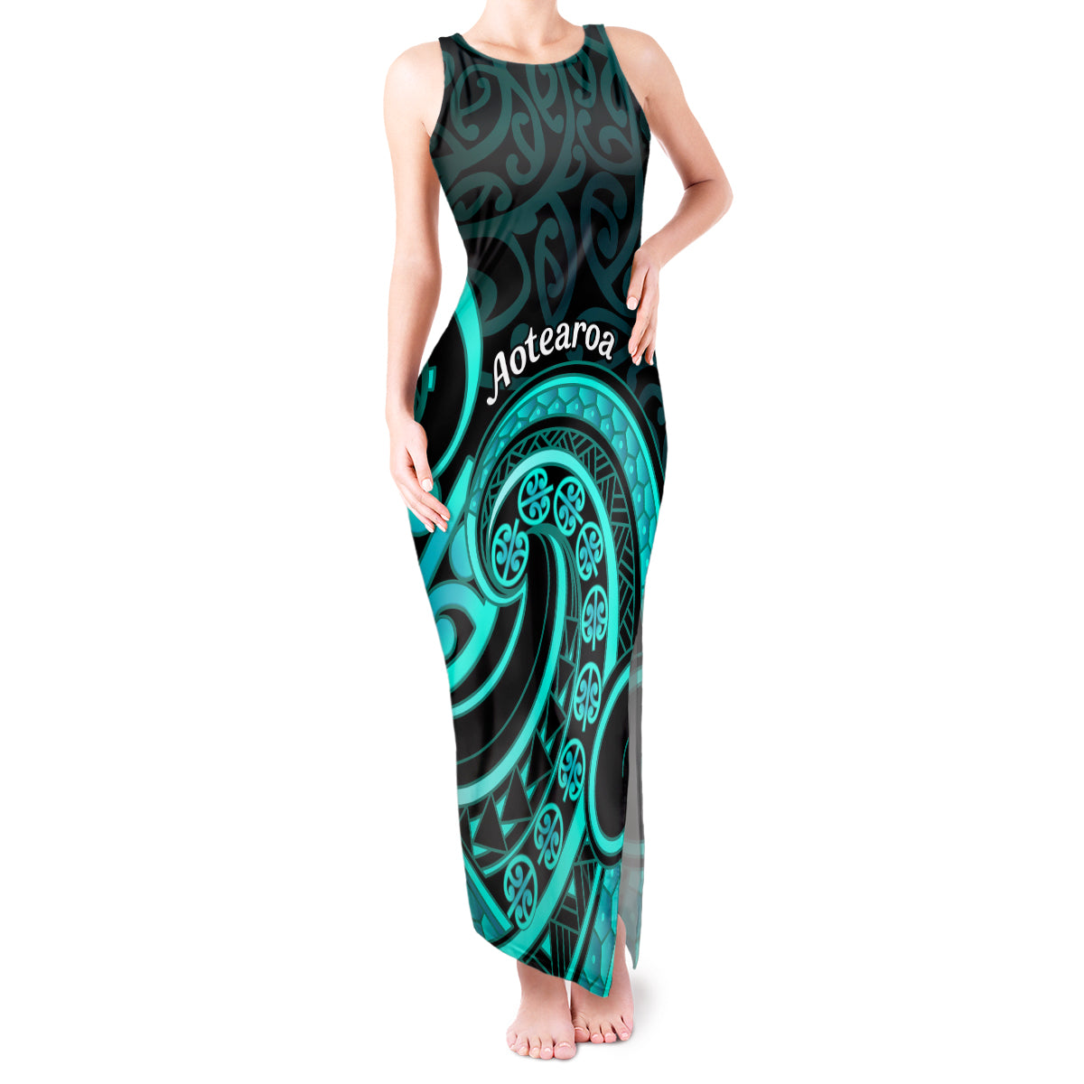 Turquoise New Zealand Mangopare Tank Maxi Dress Aotearoa Maori Koru Style