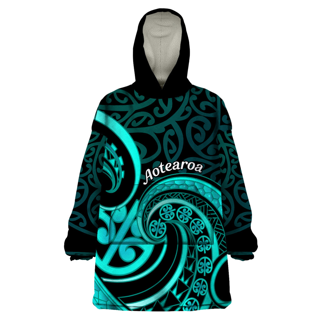 Turquoise New Zealand Mangopare Wearable Blanket Hoodie Aotearoa Maori Koru Style