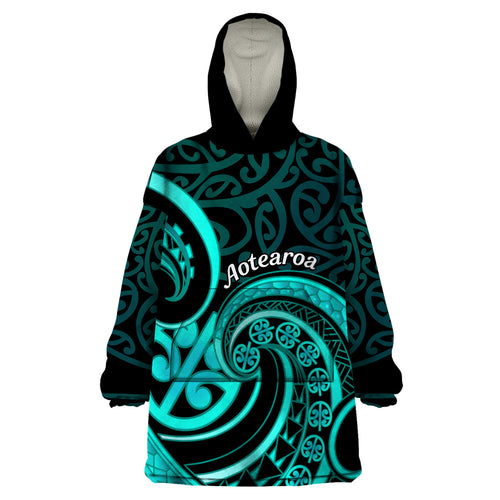 Turquoise New Zealand Mangopare Wearable Blanket Hoodie Aotearoa Maori Koru Style