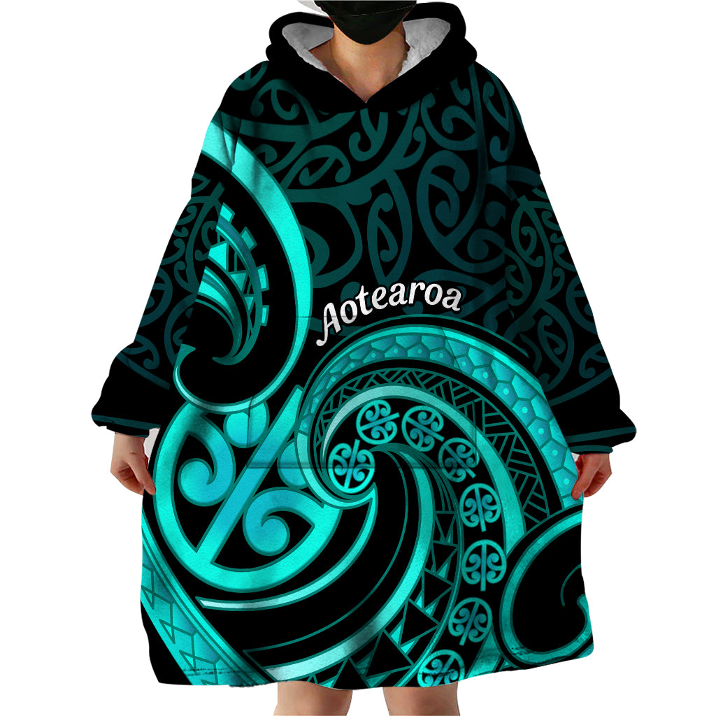 Turquoise New Zealand Mangopare Wearable Blanket Hoodie Aotearoa Maori Koru Style