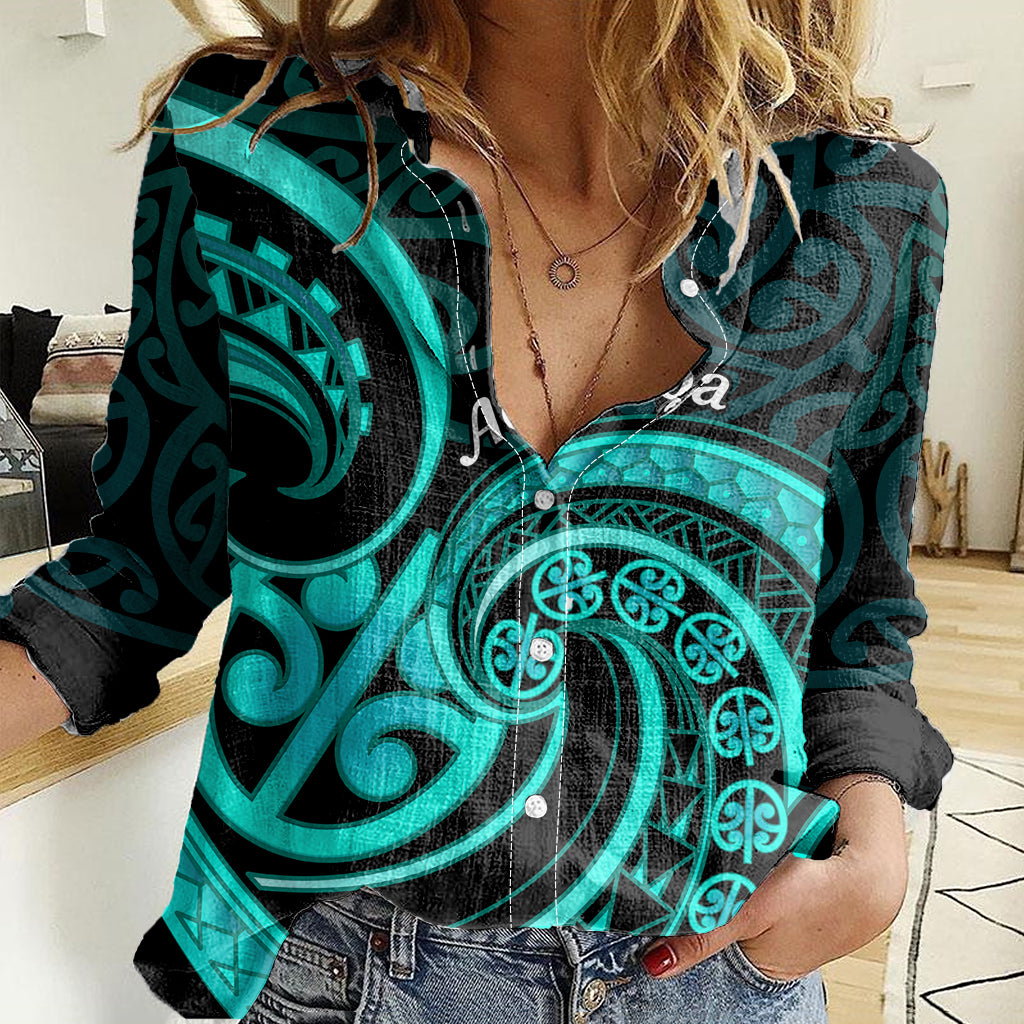 Turquoise New Zealand Mangopare Women Casual Shirt Aotearoa Maori Koru Style