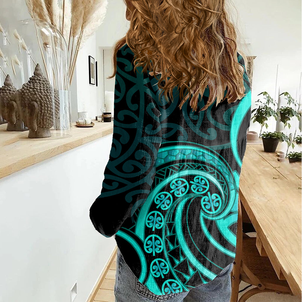 Turquoise New Zealand Mangopare Women Casual Shirt Aotearoa Maori Koru Style
