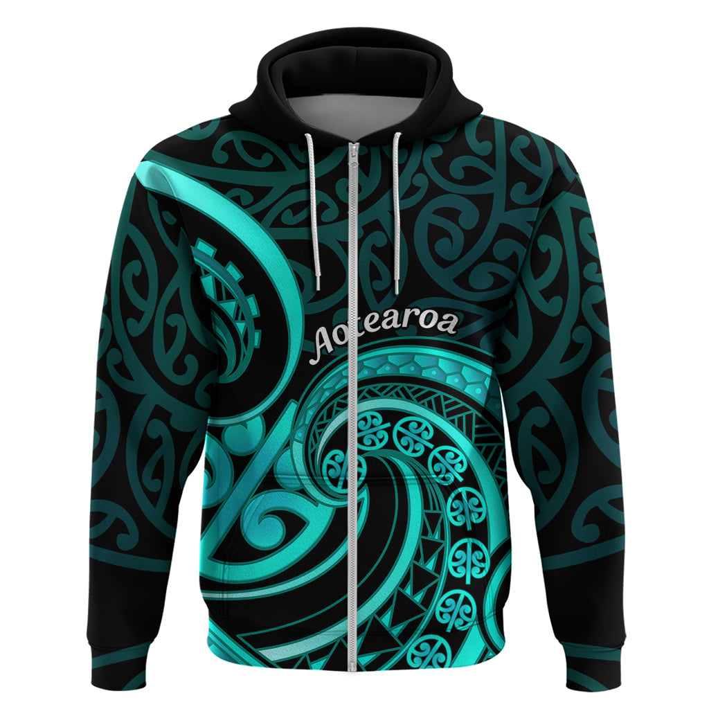 Turquoise New Zealand Mangopare Zip Hoodie Aotearoa Maori Koru Style