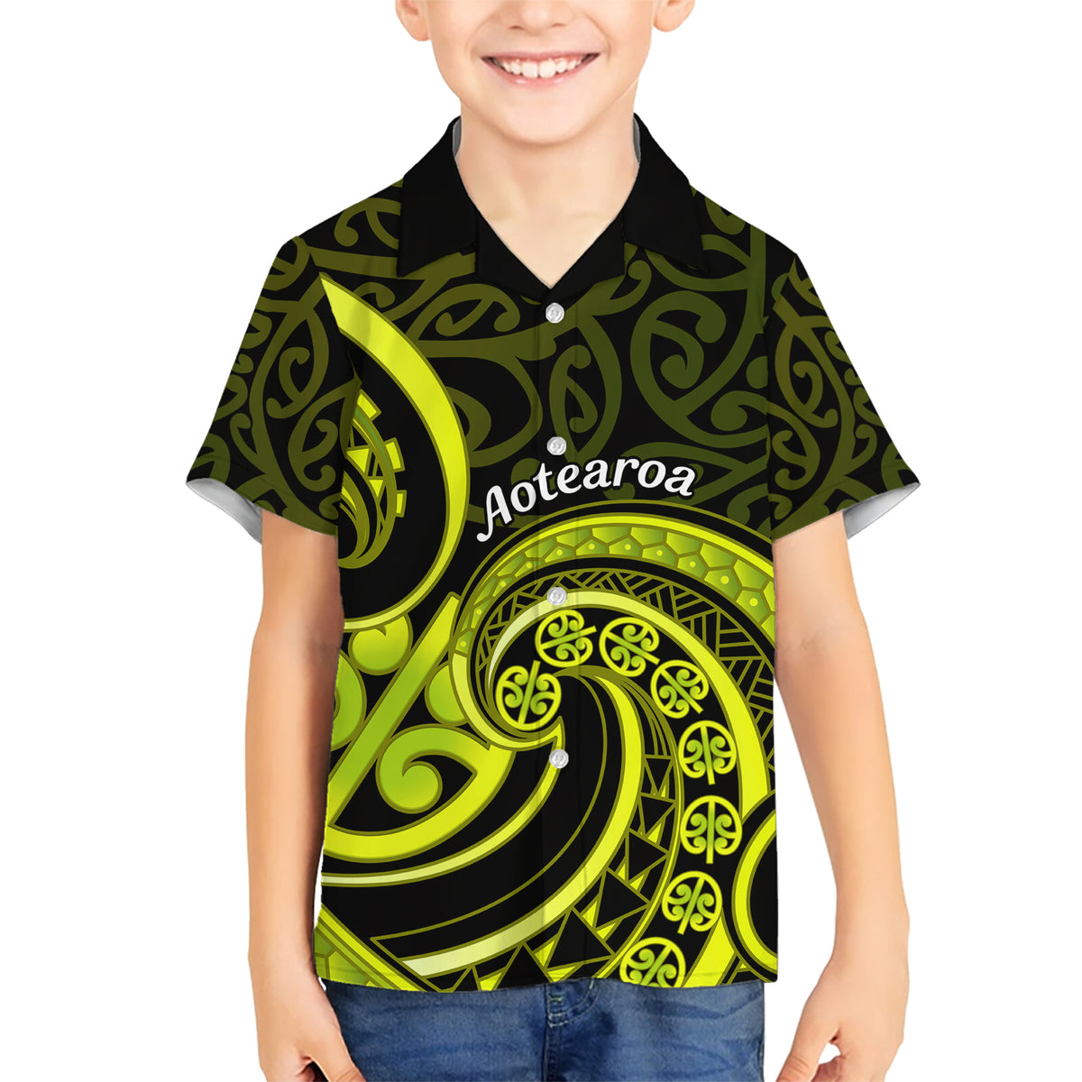 Lime Green New Zealand Mangopare Kid Hawaiian Shirt Aotearoa Maori Koru Style