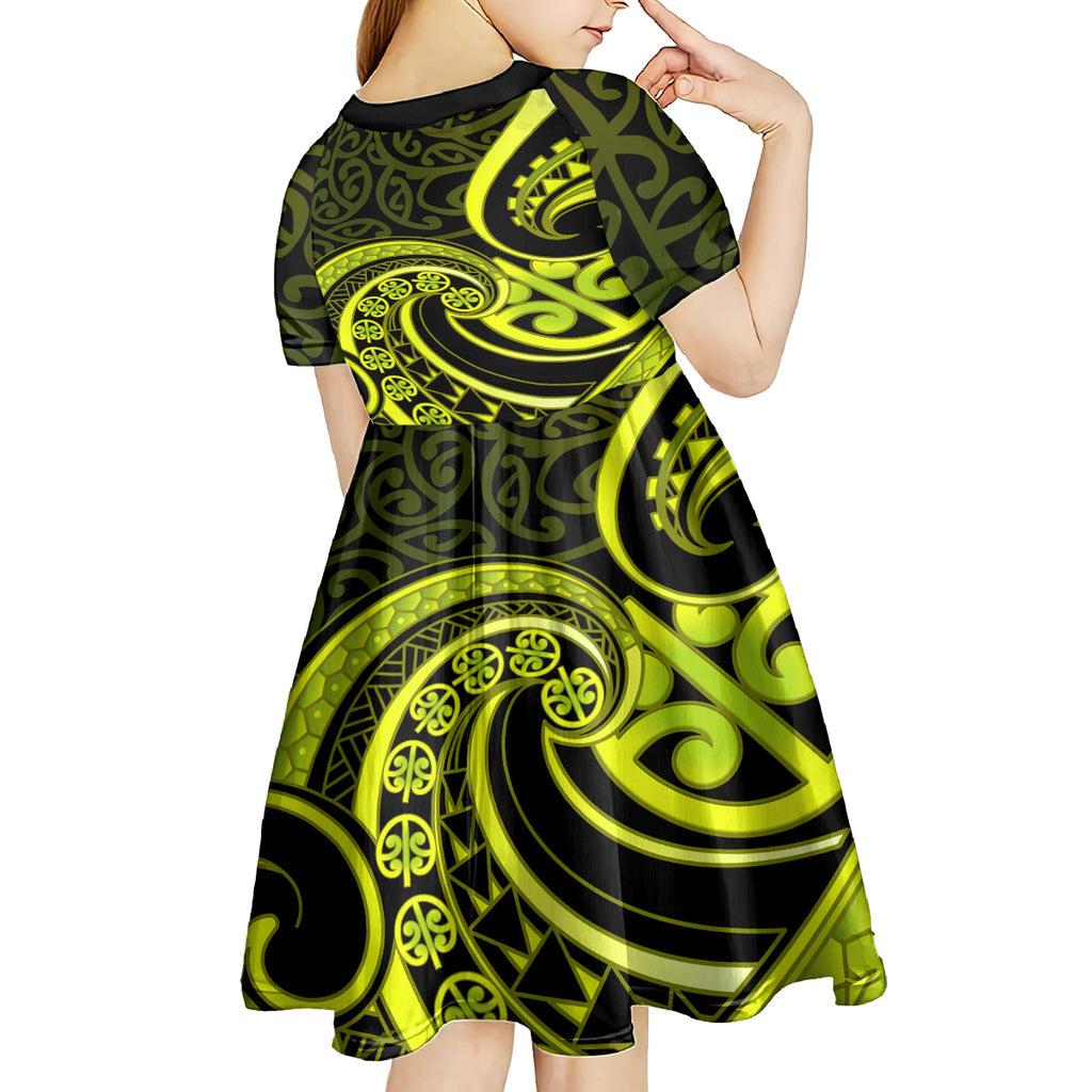 Lime Green New Zealand Mangopare Kid Short Sleeve Dress Aotearoa Maori Koru Style