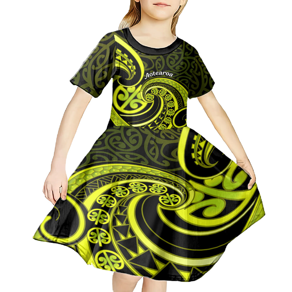 Lime Green New Zealand Mangopare Kid Short Sleeve Dress Aotearoa Maori Koru Style