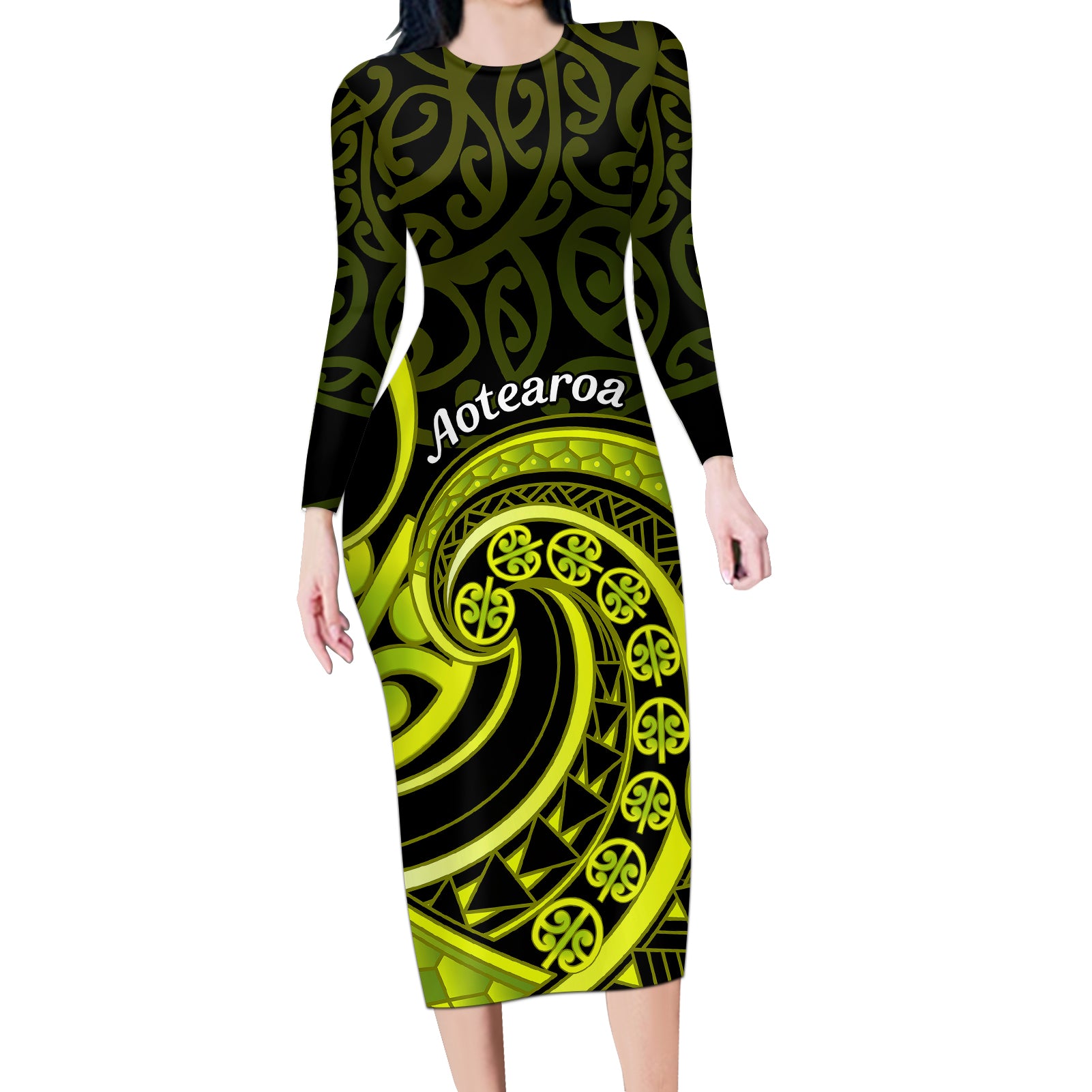 Lime Green New Zealand Mangopare Long Sleeve Bodycon Dress Aotearoa Maori Koru Style