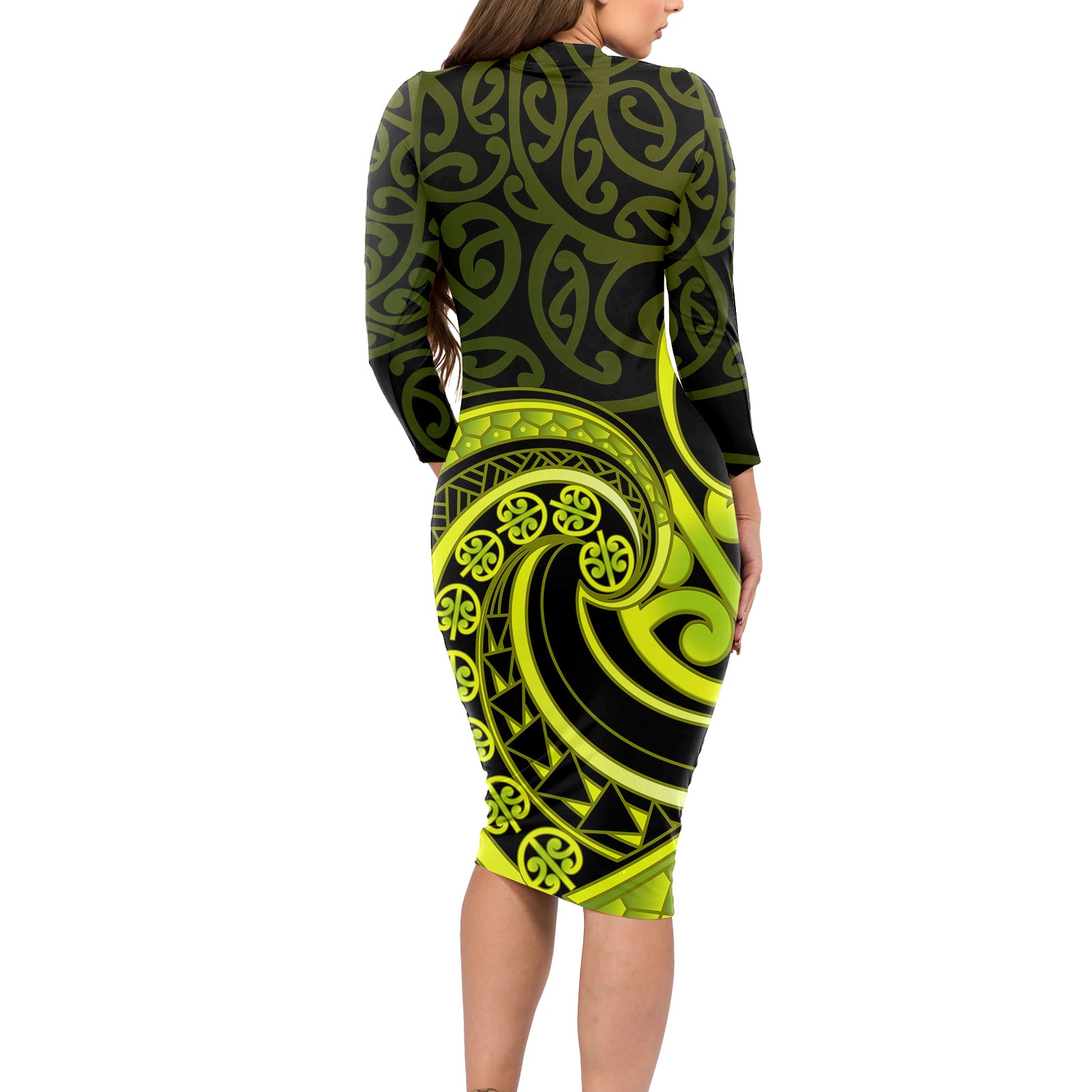 Lime Green New Zealand Mangopare Long Sleeve Bodycon Dress Aotearoa Maori Koru Style
