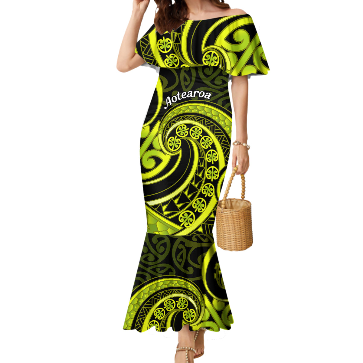Lime Green New Zealand Mangopare Mermaid Dress Aotearoa Maori Koru Style