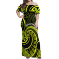Lime Green New Zealand Mangopare Off Shoulder Maxi Dress Aotearoa Maori Koru Style