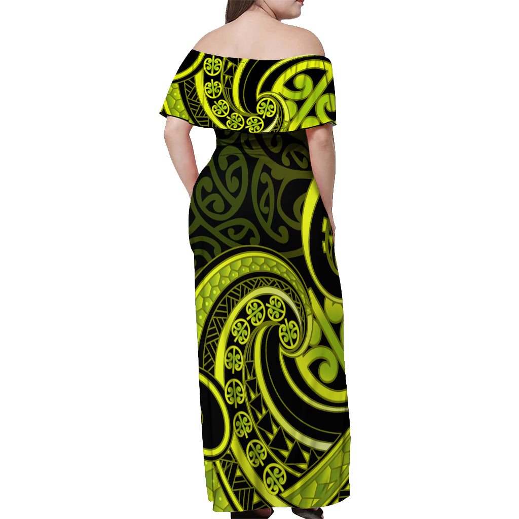 Lime Green New Zealand Mangopare Off Shoulder Maxi Dress Aotearoa Maori Koru Style