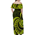 Lime Green New Zealand Mangopare Off Shoulder Maxi Dress Aotearoa Maori Koru Style