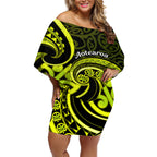 Lime Green New Zealand Mangopare Off Shoulder Short Dress Aotearoa Maori Koru Style