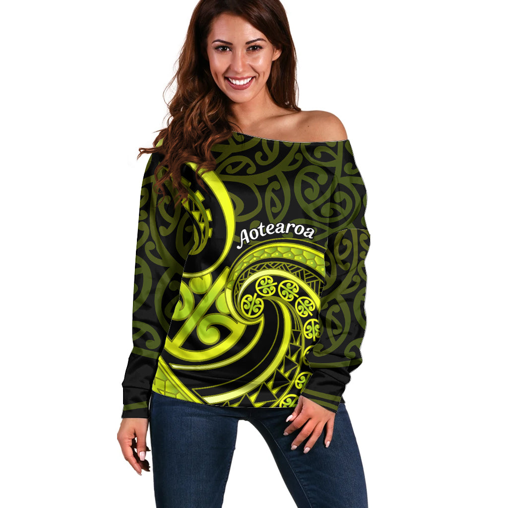 Lime Green New Zealand Mangopare Off Shoulder Sweater Aotearoa Maori Koru Style