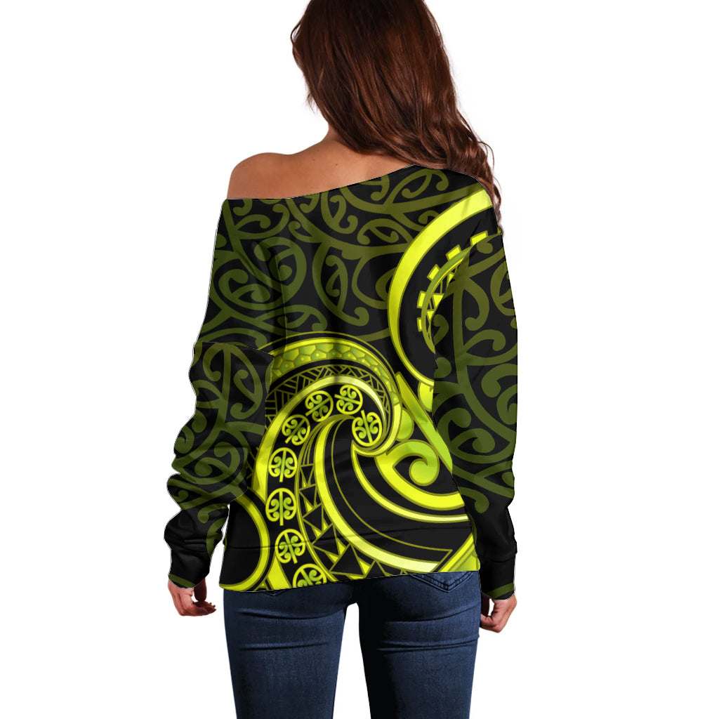 Lime Green New Zealand Mangopare Off Shoulder Sweater Aotearoa Maori Koru Style
