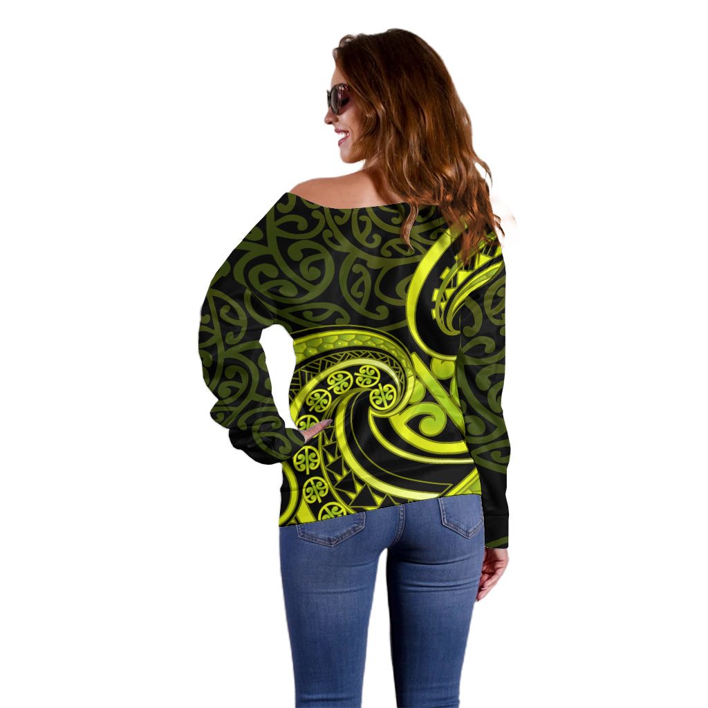 Lime Green New Zealand Mangopare Off Shoulder Sweater Aotearoa Maori Koru Style