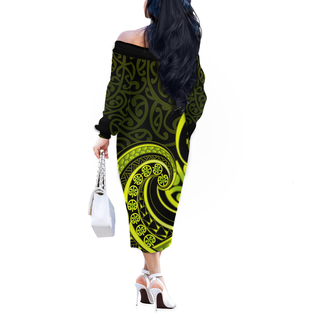 Lime Green New Zealand Mangopare Off The Shoulder Long Sleeve Dress Aotearoa Maori Koru Style