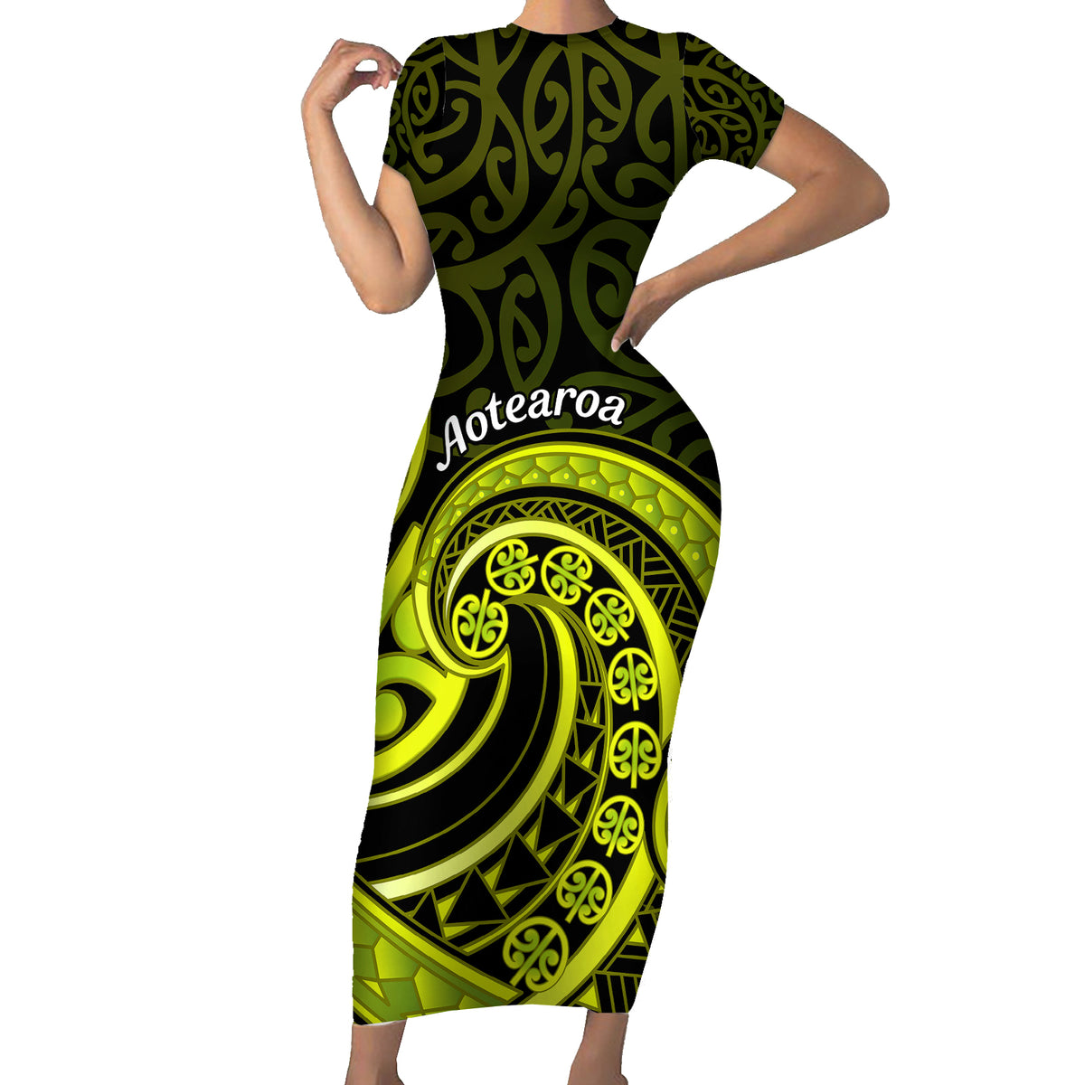 Lime Green New Zealand Mangopare Short Sleeve Bodycon Dress Aotearoa Maori Koru Style