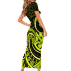 Lime Green New Zealand Mangopare Short Sleeve Bodycon Dress Aotearoa Maori Koru Style