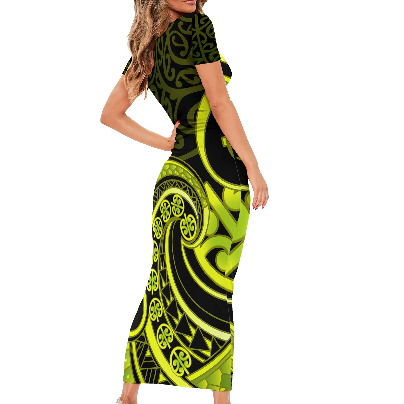 Lime Green New Zealand Mangopare Short Sleeve Bodycon Dress Aotearoa Maori Koru Style