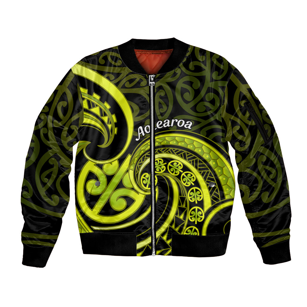 Lime Green New Zealand Mangopare Sleeve Zip Bomber Jacket Aotearoa Maori Koru Style
