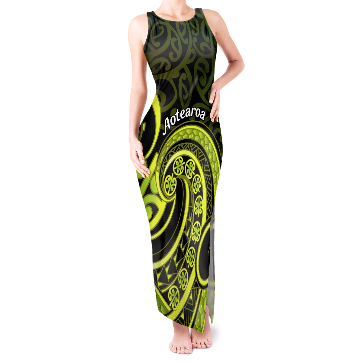 Lime Green New Zealand Mangopare Tank Maxi Dress Aotearoa Maori Koru Style