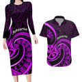 Purple Aotearoa Mangopare Couples Matching Long Sleeve Bodycon Dress and Hawaiian Shirt NZ Maori Koru Style