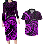 Purple Aotearoa Mangopare Couples Matching Long Sleeve Bodycon Dress and Hawaiian Shirt NZ Maori Koru Style