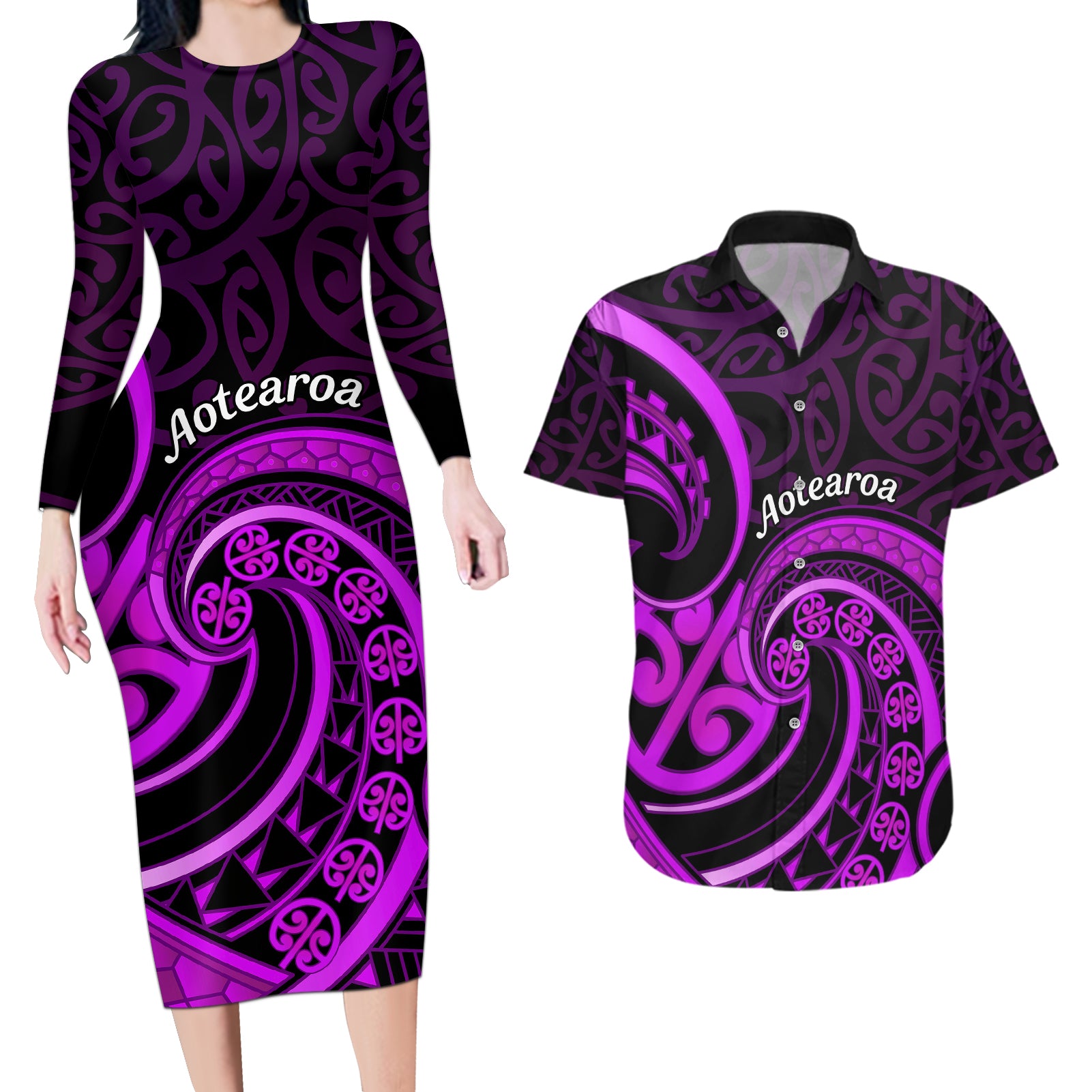 Purple Aotearoa Mangopare Couples Matching Long Sleeve Bodycon Dress and Hawaiian Shirt NZ Maori Koru Style