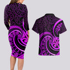 Purple Aotearoa Mangopare Couples Matching Long Sleeve Bodycon Dress and Hawaiian Shirt NZ Maori Koru Style