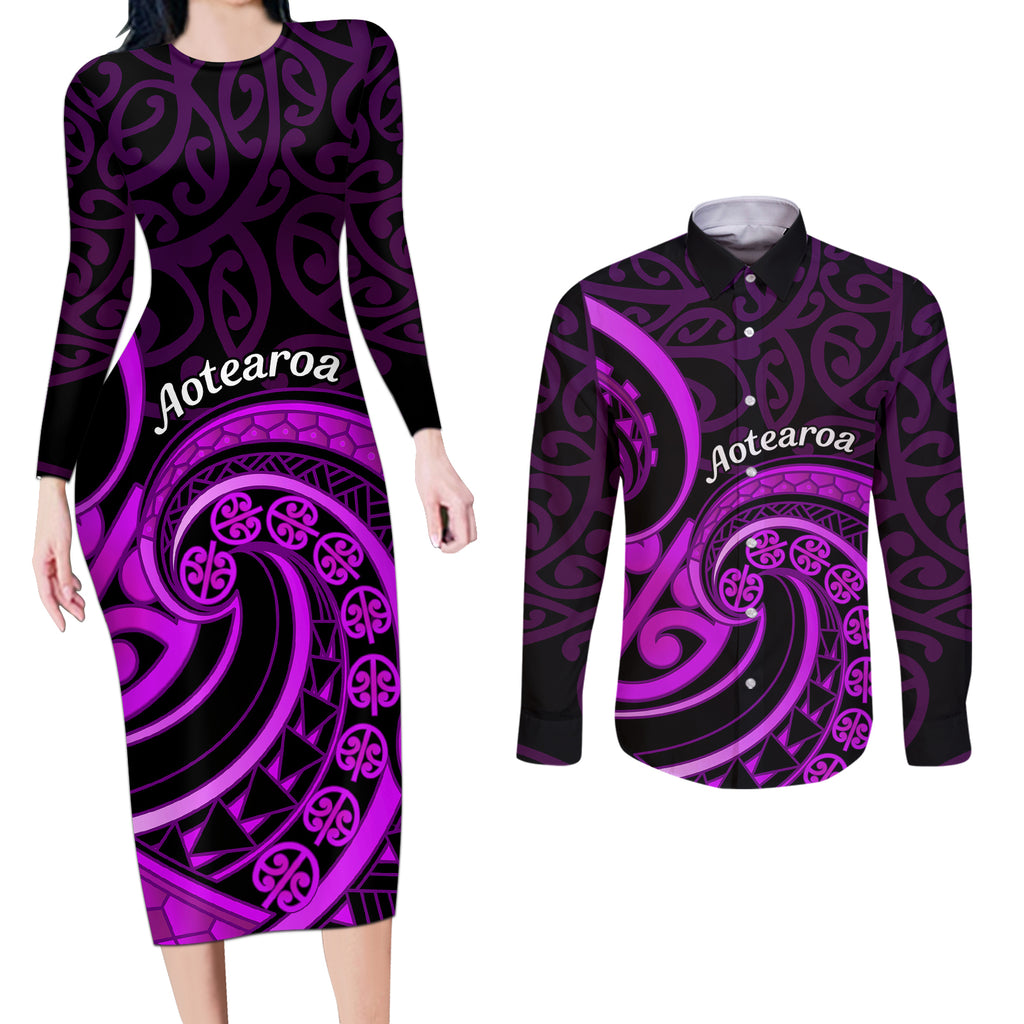 Purple Aotearoa Mangopare Couples Matching Long Sleeve Bodycon Dress and Long Sleeve Button Shirt NZ Maori Koru Style