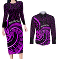 Purple Aotearoa Mangopare Couples Matching Long Sleeve Bodycon Dress and Long Sleeve Button Shirt NZ Maori Koru Style
