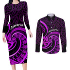 Purple Aotearoa Mangopare Couples Matching Long Sleeve Bodycon Dress and Long Sleeve Button Shirt NZ Maori Koru Style
