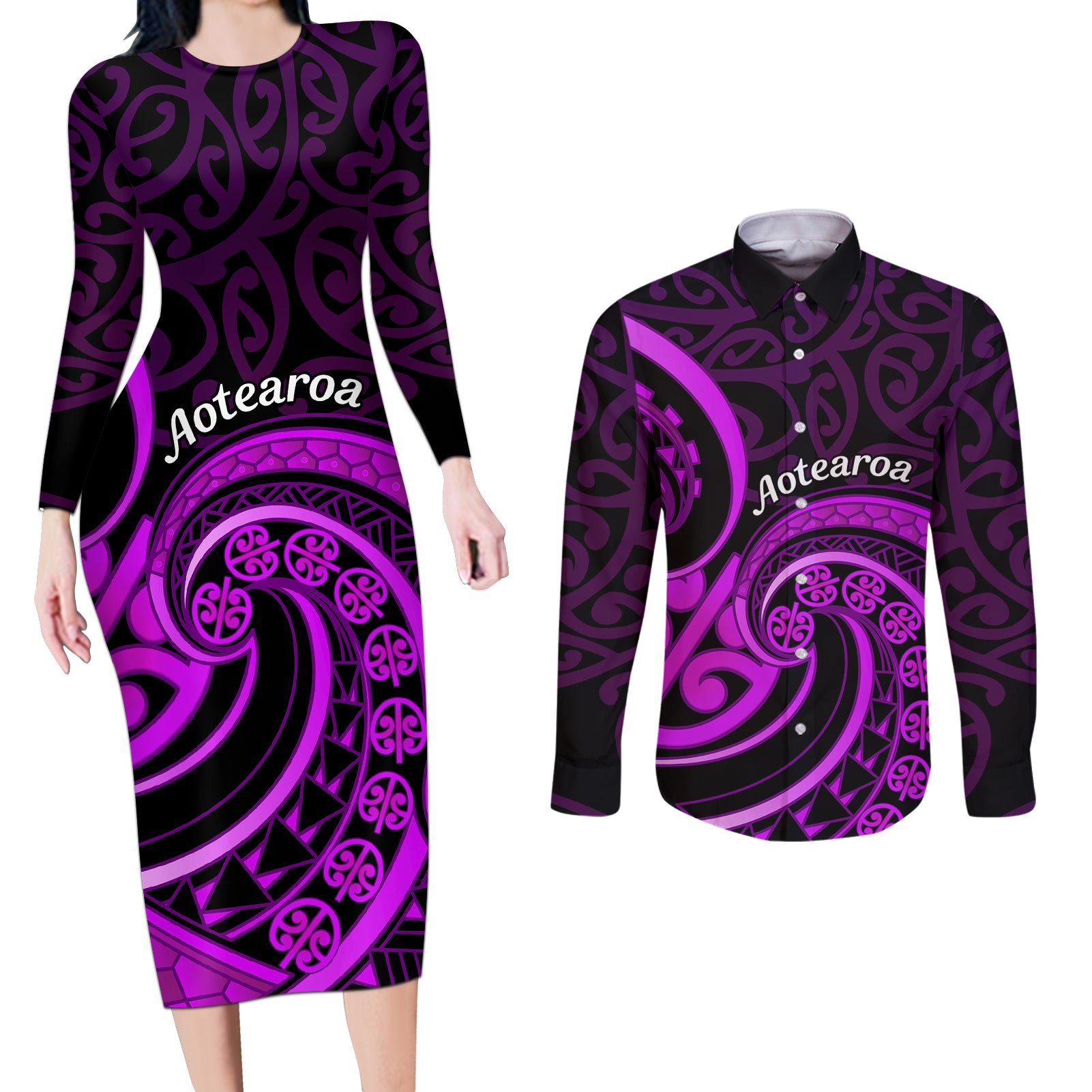 Purple Aotearoa Mangopare Couples Matching Long Sleeve Bodycon Dress and Long Sleeve Button Shirt NZ Maori Koru Style