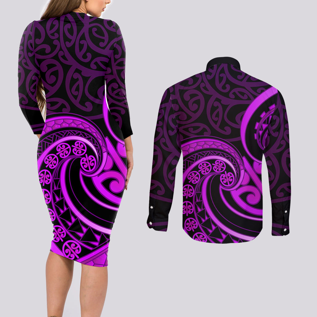 Purple Aotearoa Mangopare Couples Matching Long Sleeve Bodycon Dress and Long Sleeve Button Shirt NZ Maori Koru Style