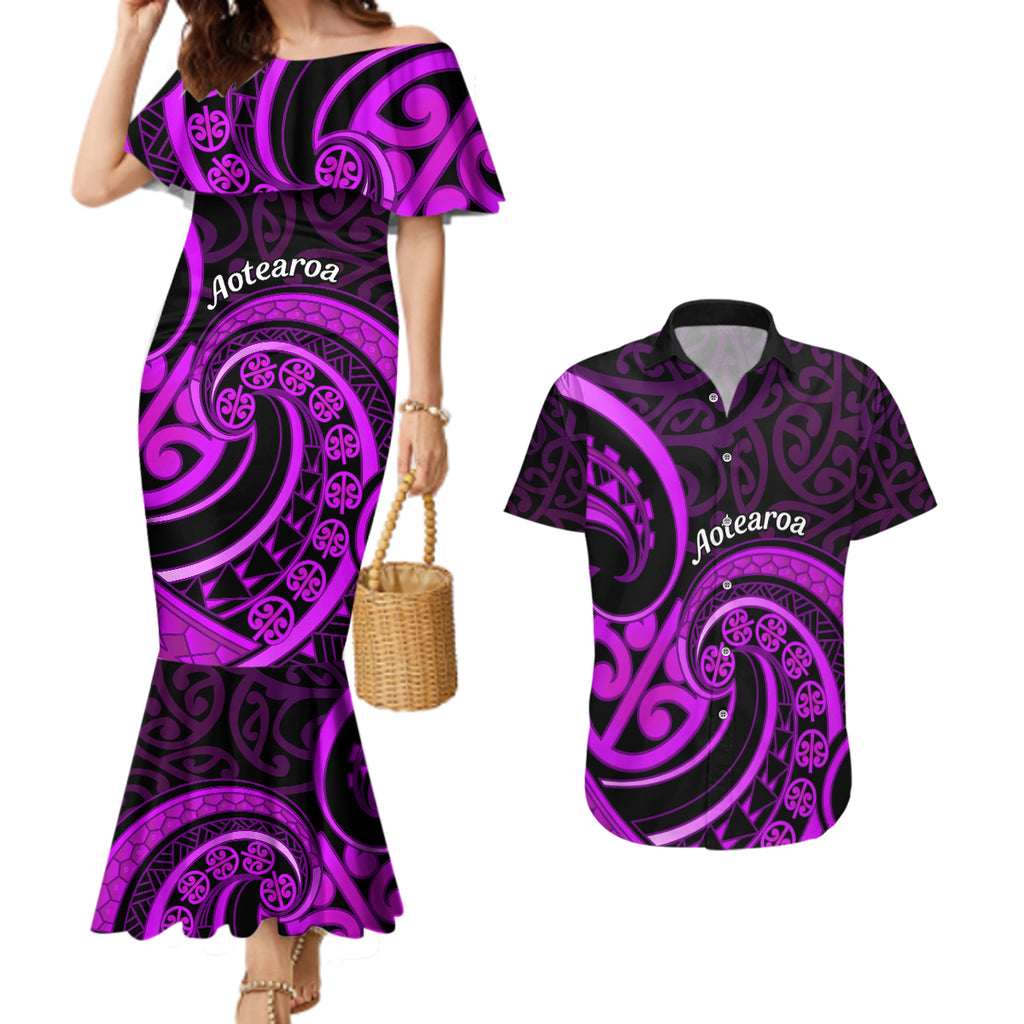 Purple Aotearoa Mangopare Couples Matching Mermaid Dress and Hawaiian Shirt NZ Maori Koru Style