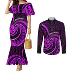 Purple Aotearoa Mangopare Couples Matching Mermaid Dress and Long Sleeve Button Shirt NZ Maori Koru Style