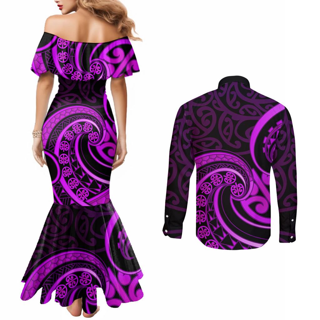 Purple Aotearoa Mangopare Couples Matching Mermaid Dress and Long Sleeve Button Shirt NZ Maori Koru Style
