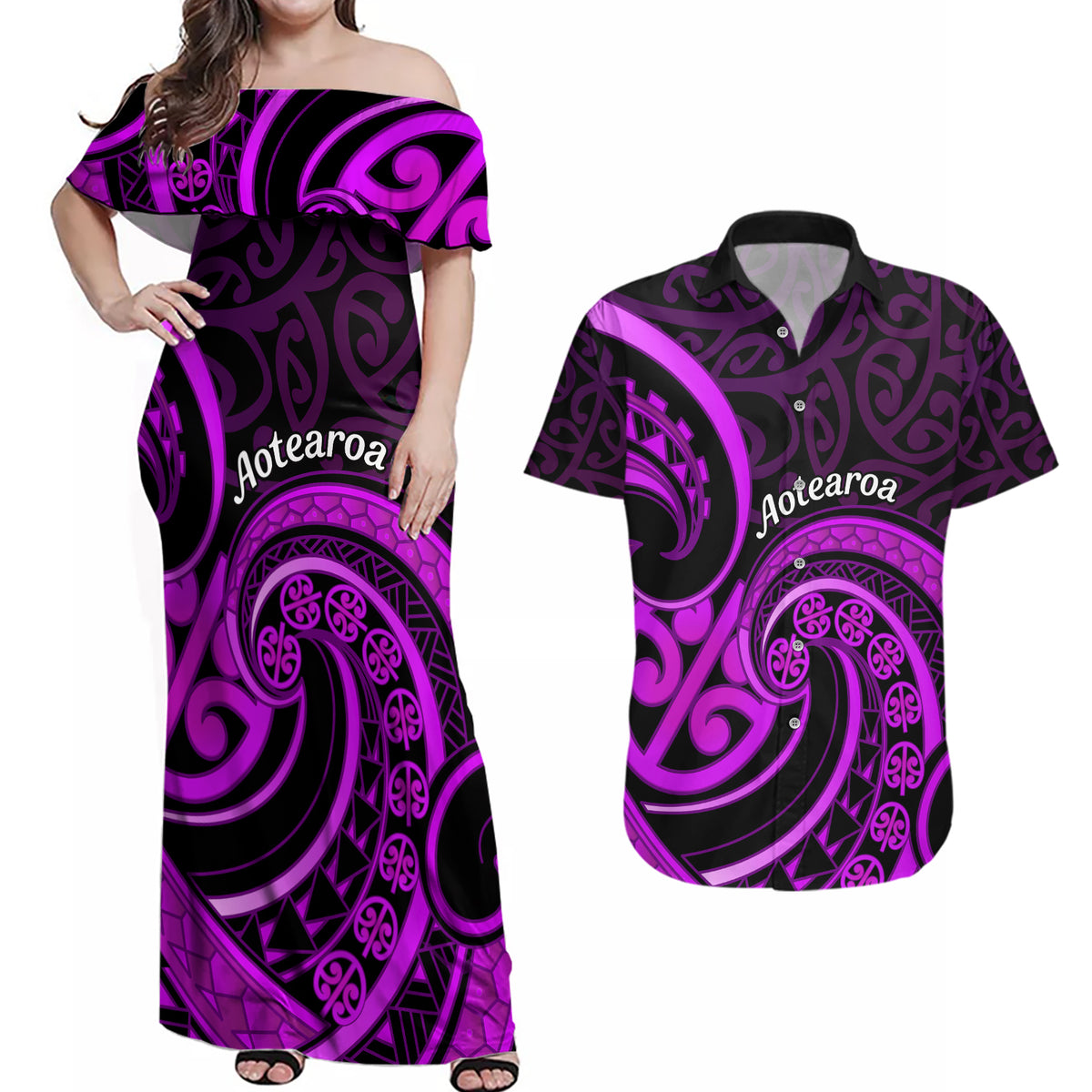 Purple Aotearoa Mangopare Couples Matching Off Shoulder Maxi Dress and Hawaiian Shirt NZ Maori Koru Style