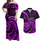 Purple Aotearoa Mangopare Couples Matching Off Shoulder Maxi Dress and Hawaiian Shirt NZ Maori Koru Style