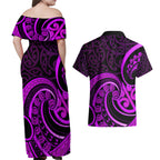 Purple Aotearoa Mangopare Couples Matching Off Shoulder Maxi Dress and Hawaiian Shirt NZ Maori Koru Style