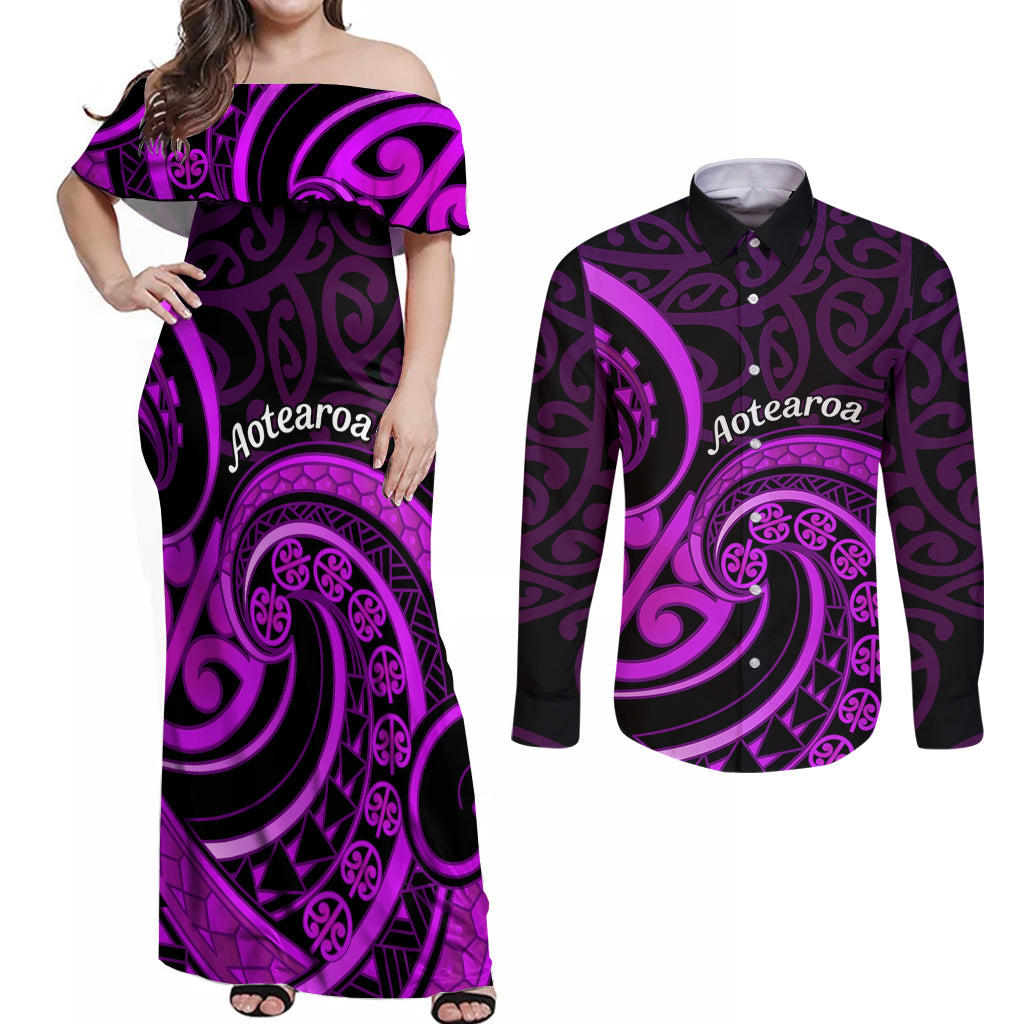 Purple Aotearoa Mangopare Couples Matching Off Shoulder Maxi Dress and Long Sleeve Button Shirt NZ Maori Koru Style