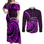 Purple Aotearoa Mangopare Couples Matching Off Shoulder Maxi Dress and Long Sleeve Button Shirt NZ Maori Koru Style
