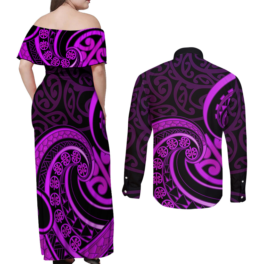 Purple Aotearoa Mangopare Couples Matching Off Shoulder Maxi Dress and Long Sleeve Button Shirt NZ Maori Koru Style