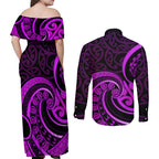 Purple Aotearoa Mangopare Couples Matching Off Shoulder Maxi Dress and Long Sleeve Button Shirt NZ Maori Koru Style