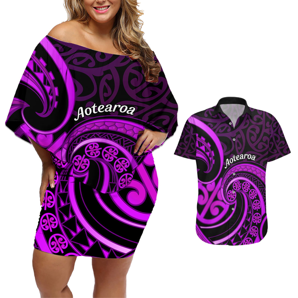 Purple Aotearoa Mangopare Couples Matching Off Shoulder Short Dress and Hawaiian Shirt NZ Maori Koru Style