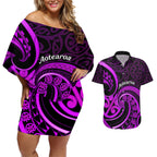 Purple Aotearoa Mangopare Couples Matching Off Shoulder Short Dress and Hawaiian Shirt NZ Maori Koru Style