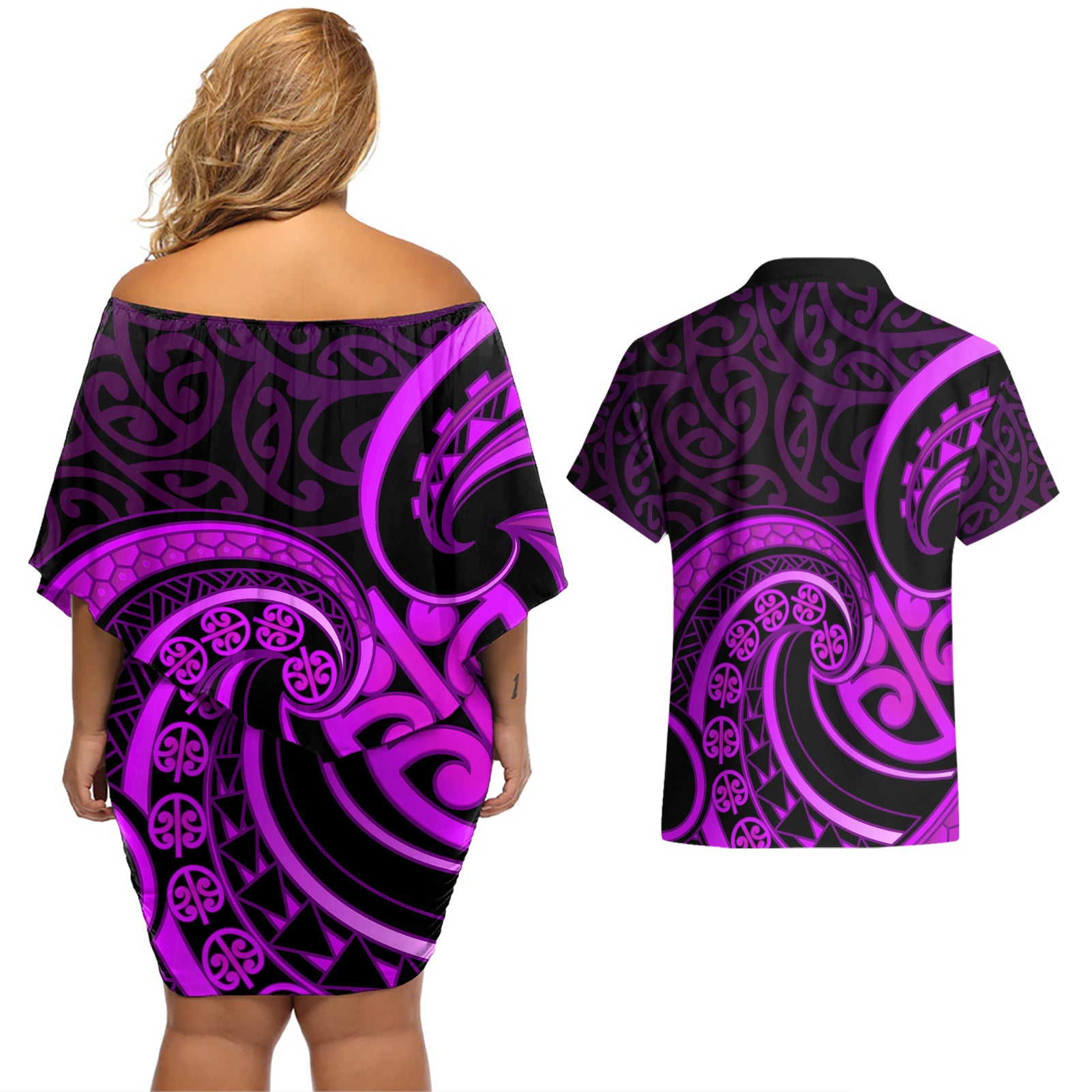 Purple Aotearoa Mangopare Couples Matching Off Shoulder Short Dress and Hawaiian Shirt NZ Maori Koru Style