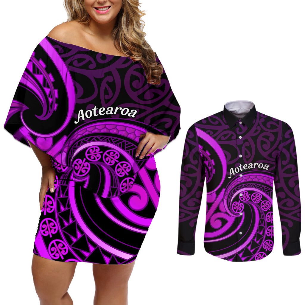 Purple Aotearoa Mangopare Couples Matching Off Shoulder Short Dress and Long Sleeve Button Shirt NZ Maori Koru Style