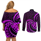 Purple Aotearoa Mangopare Couples Matching Off Shoulder Short Dress and Long Sleeve Button Shirt NZ Maori Koru Style